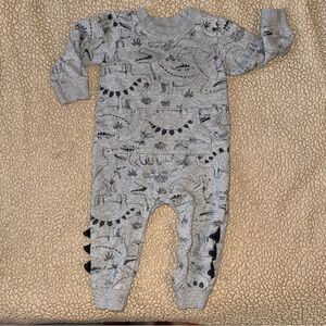 5/$20 Carter's Gray Dinosaur Print sweatshirt Romper, kangaroo pocket 12m​